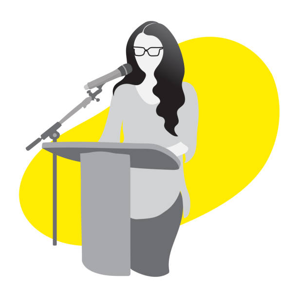 A woman is talking at a lectern into a microphone.  She is wearing eyeglasses.  Flat design illustration in vivid colors.